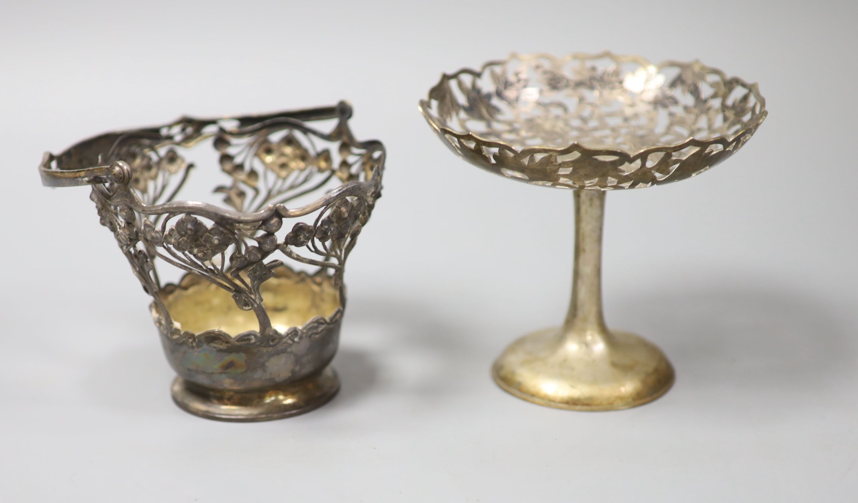 A pierced sterling basket, (no liner) and a pierced white metal tazza